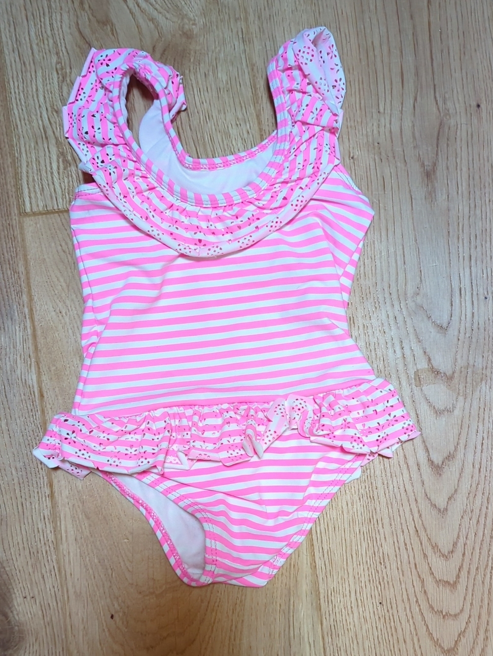Girls Pink Striped Ruffle One-Piece Swimsuit